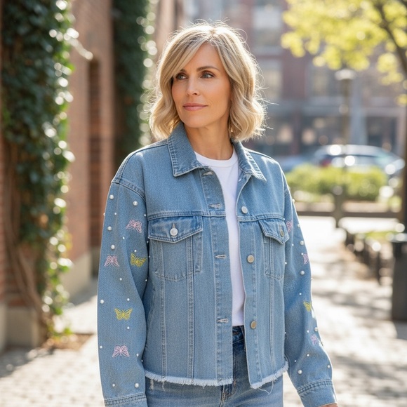 PEACH LOVE CALIFORNIA Butterfly & Pearls Jean Jacket S M L - Picture 4 of 8